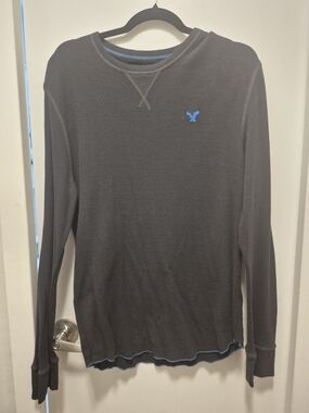 American Eagle Outfitters Black Waffle Thermal Shirt with Blue Logo